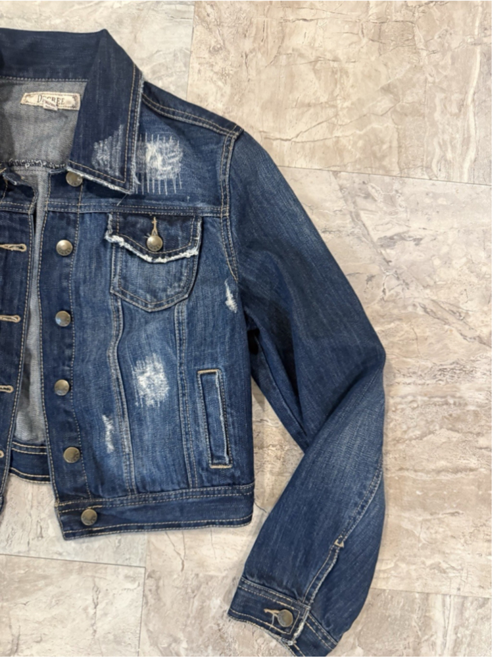 Decree Denim Distressed Blue Jean Jacket Sz XL Womens Cropped Y2K